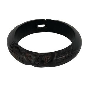Ebony Wood Bangle Bracelet Hand Carved Two Rabbits Made in Philippines